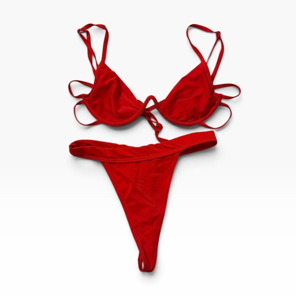 Missguided Red Bikini Set US 6 Underwire Top Thong Bottom Strappy Swimsuit